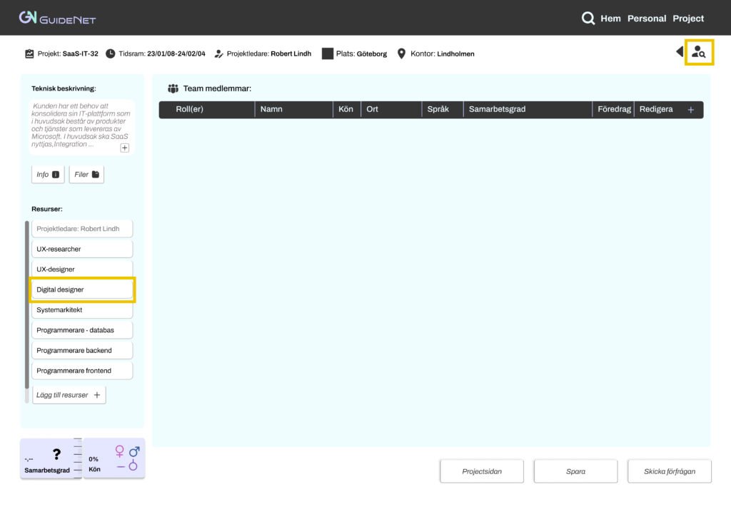 2. Robert befinner sig i Team-verktyget. Han klickar på "Digital Designer" till vänster för att söka efter konsulter. Alternativt kan han också klicka på "Sök personal"-knappen längst upp till höger och skriva in tjänsten om man är van med vanlig sökning.